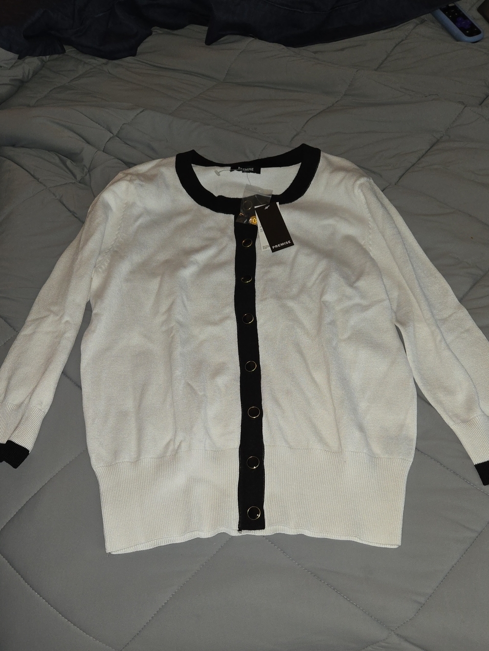 Premise Women’s White Cardigan with Black Trim - Classic Button Front Sweater